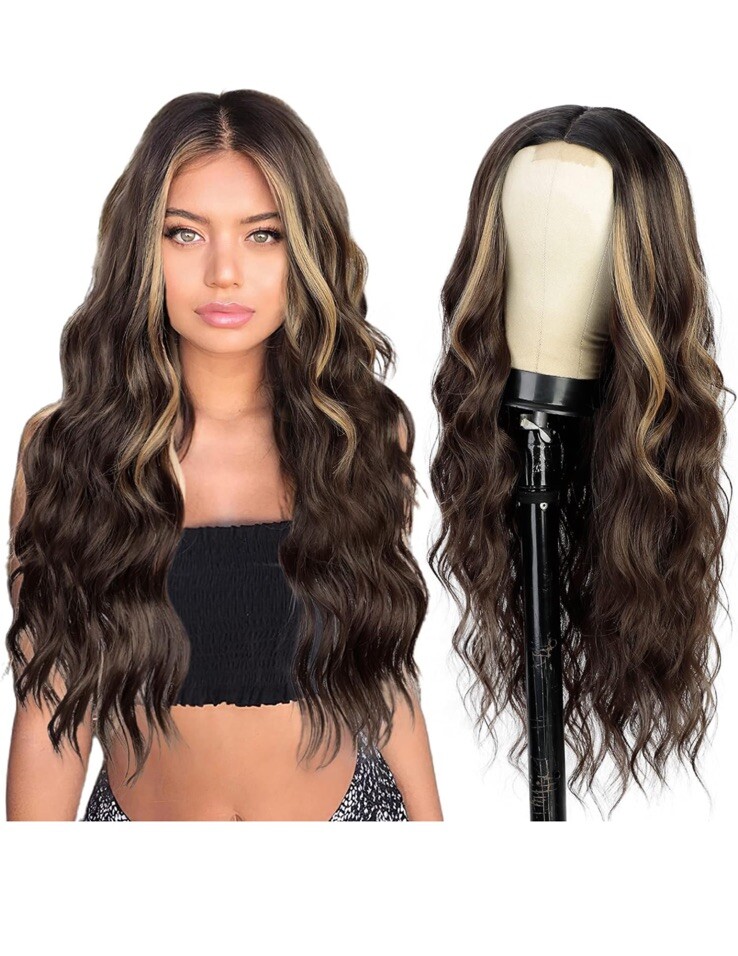 N NAYASA Long Wavy Middle Part Wig For Women Brown Mixed Blonde 24inch