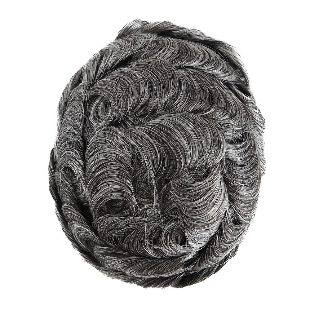 Mens Toupee Human Hair System French Lace Front Black Grey Hairpiece Q6 #1B50