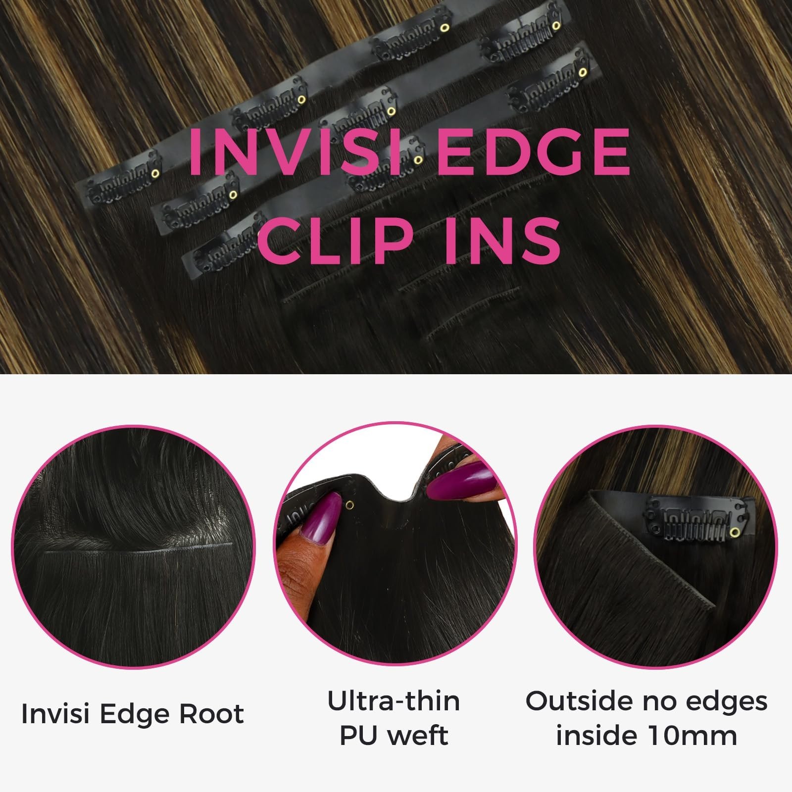 18″ 110g Clip-in Hair Extensions, Seamless PU, Virgin Human Hair, Natural Black