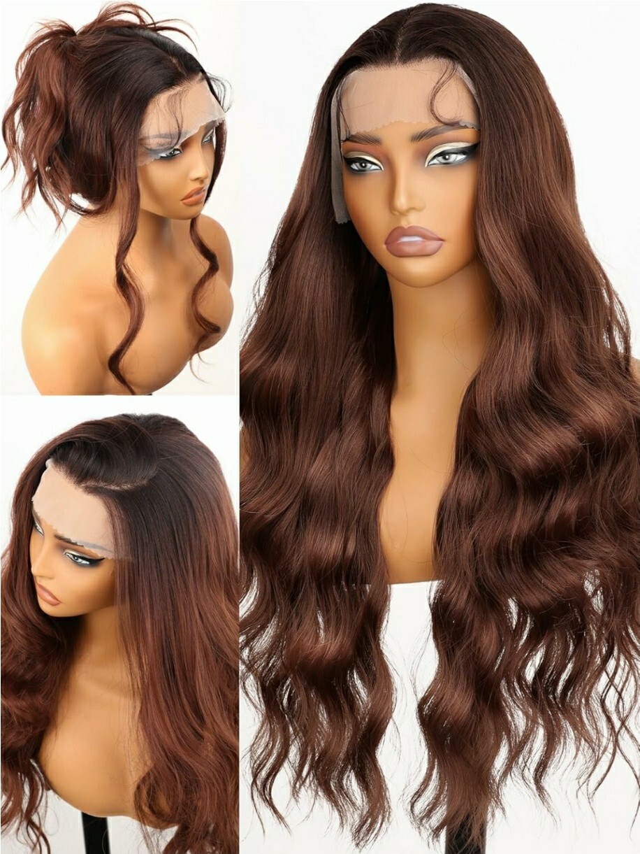 HD Lace Front Wig Human Hair Blend Highlights Curly Natural Medium BROWN