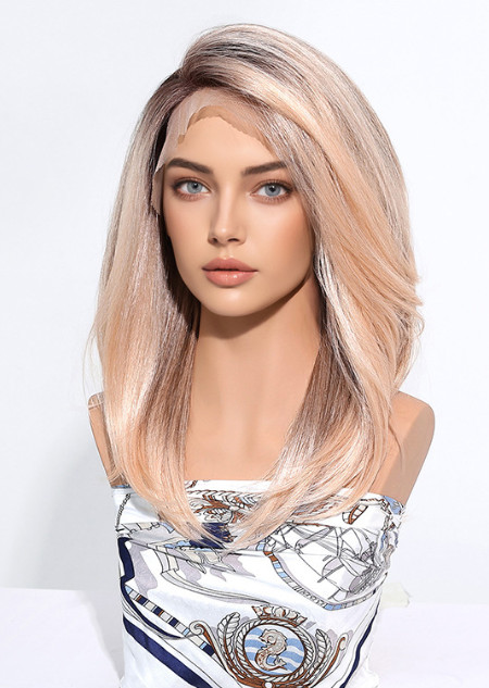 Medium Bob Rooted Blonde Pink Mix Mono Lace Front Cap Synthetic Hair Wigs Women