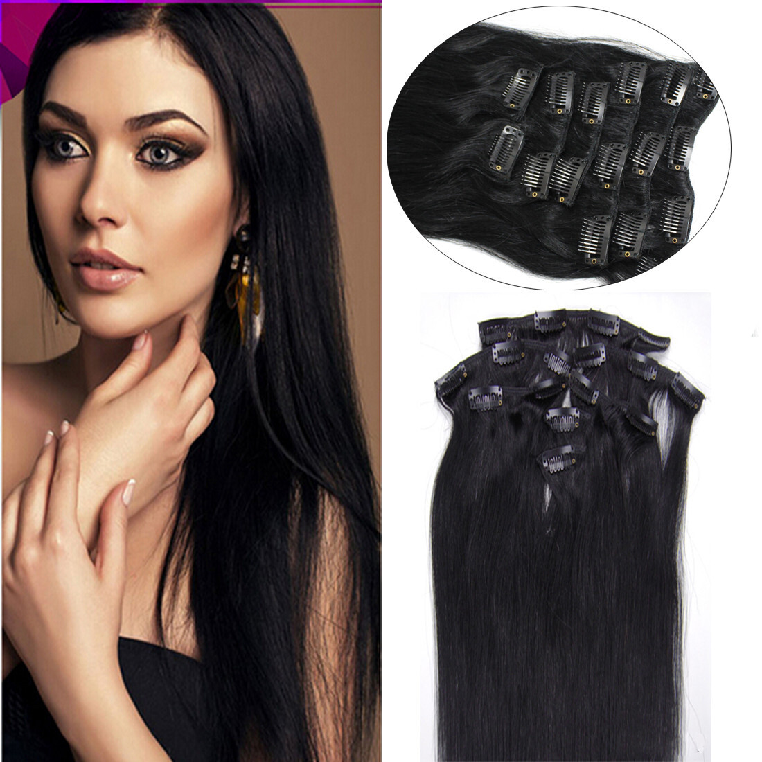 Clip-in Human Hair Extensions Double Wefts Full Head Thick Remy Russian Hair7pcs