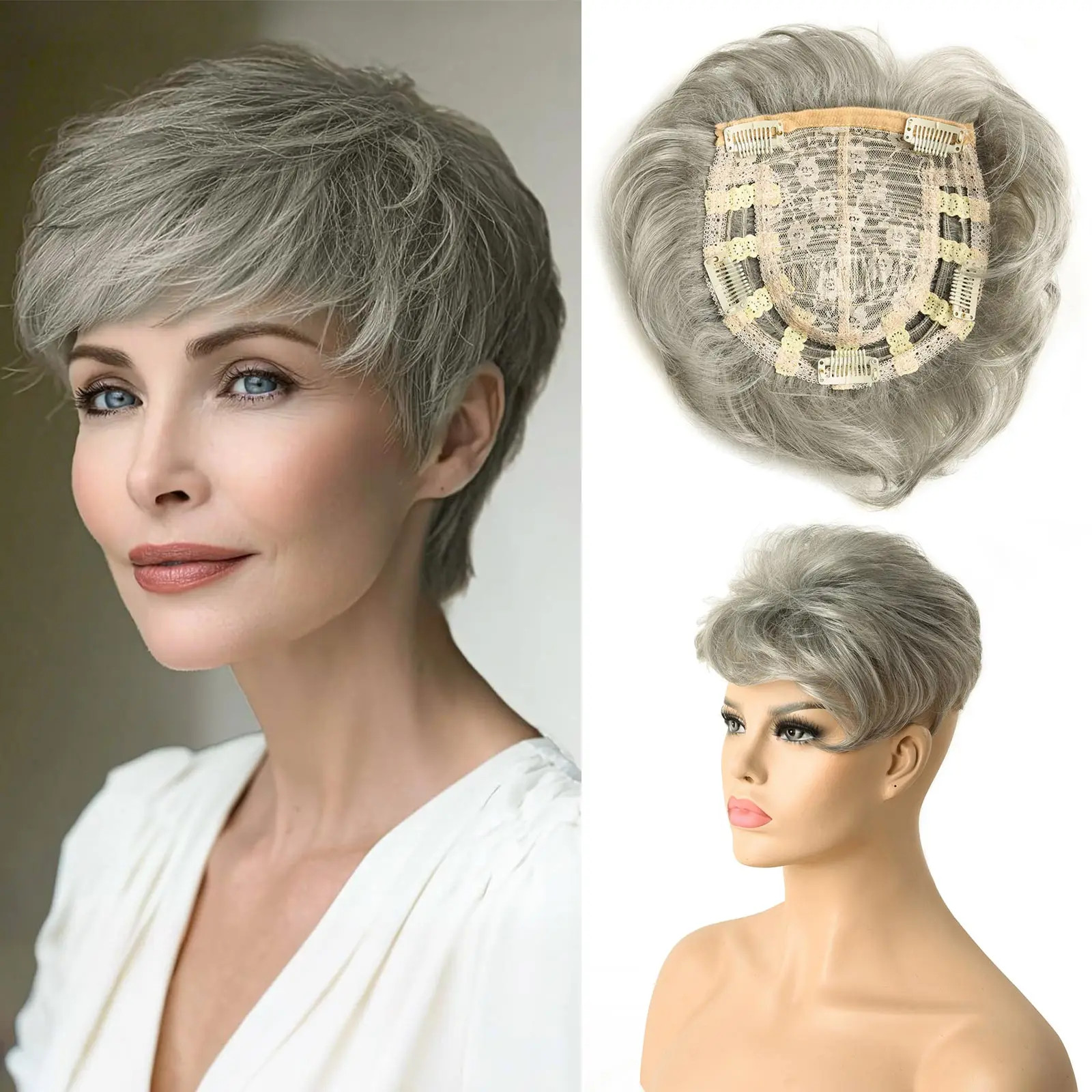6 Inch Natural Curly Short Pixie Synthetic Hair Topper for Thinning Hair Pieces