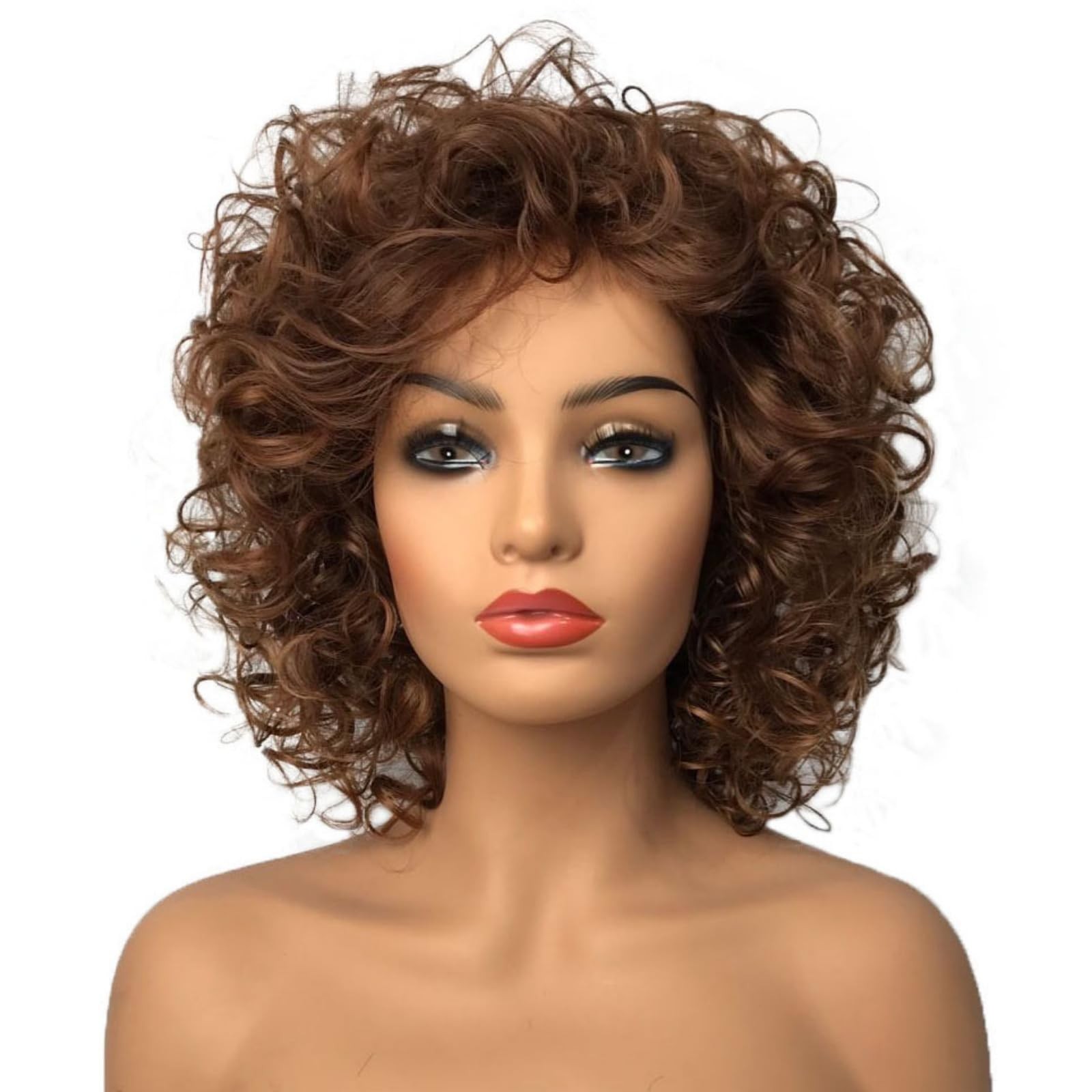 Curly Women Wigs Natural Synthetic Wig Dark Auburn with Highlight Medium Aubu…