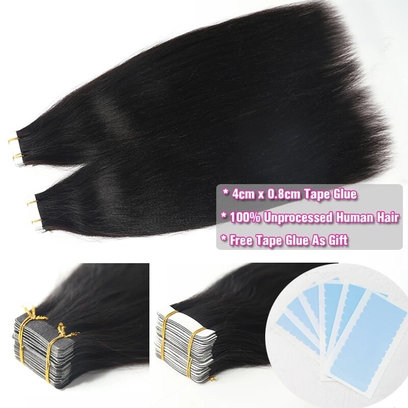 Light Yaki Straight Tape In Human Hair Extension Brazilian Skin Weft Hair 40Pcs