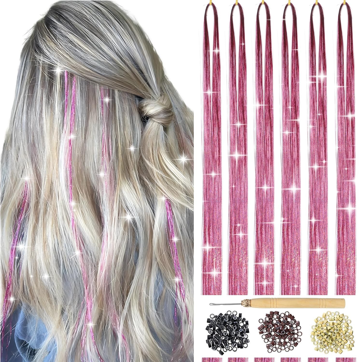 USHUIUS Hair Tinsel Kit With Tools 6Pcs 1200 Strands Pink 47 Inch,