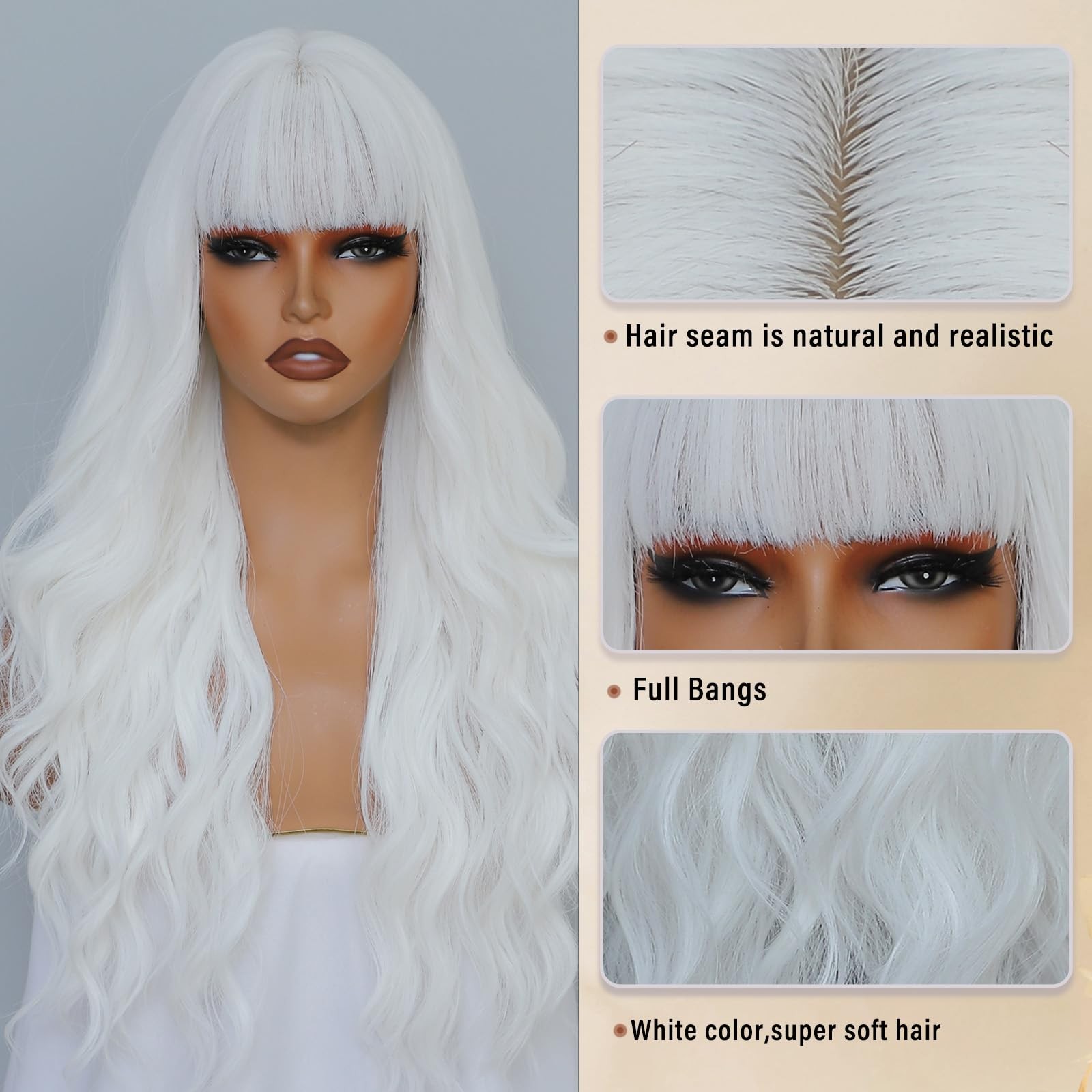 White Wig with Bangs for Women Long White Wavy Wigs 26 Inch Natural Looking H…