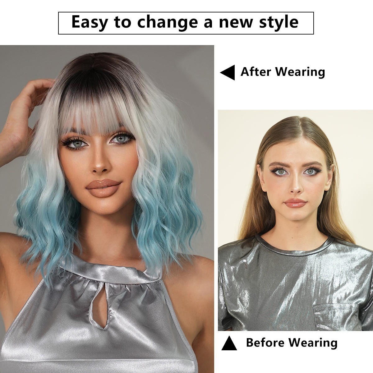 Ombre Blue Wavy Wigs With Bangs Short Bob Wavy Wigs for Women Girls Cosplay Part