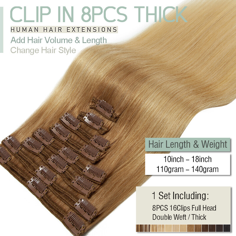 10-24″ Double Wefts Clip in 100% Remy Human Hair Extensions Full Head Long THICK