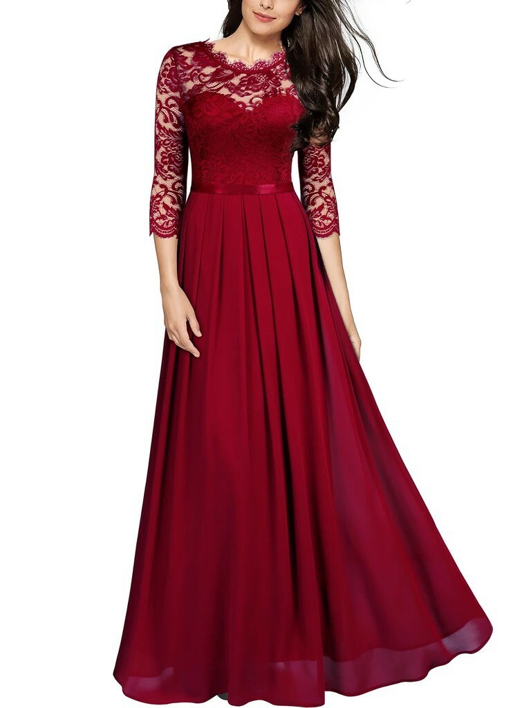 Women Formal Floral Lace Cap Sleeve Evening Party Maxi Dress Round neck Bulk Out