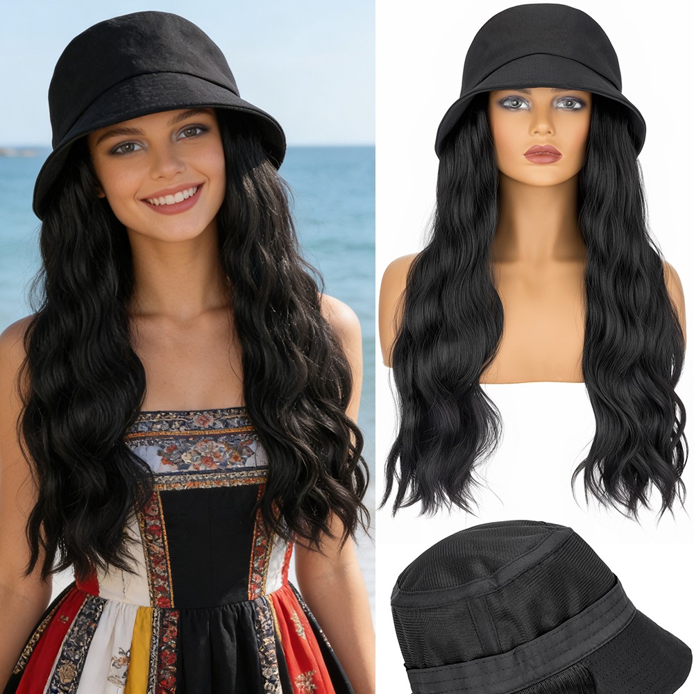 18in Wig with Hair Attached Elegant Long Wavy Black Bucket Hat for Summer Travel