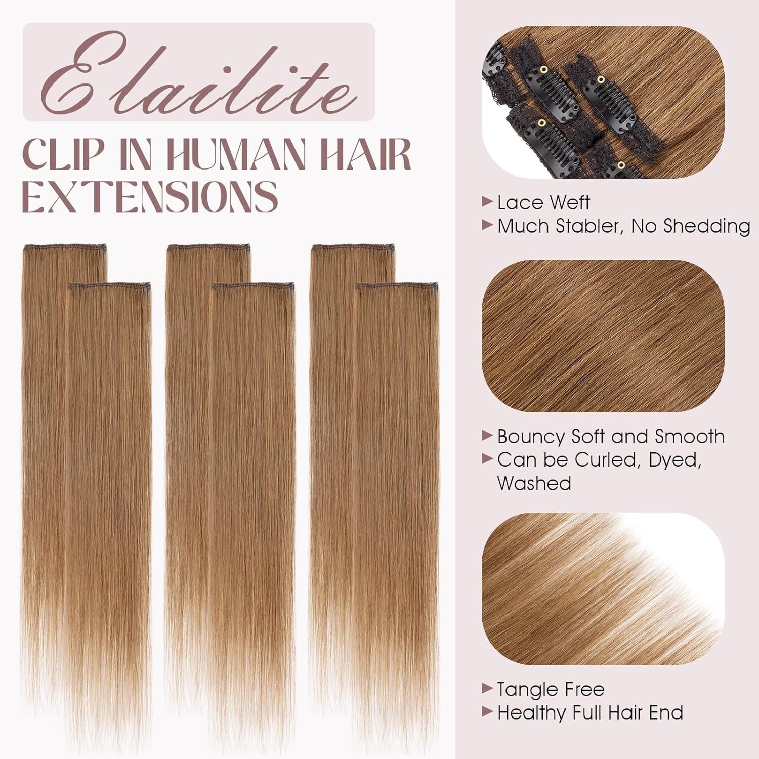 6PCS Clip in 100% Remy Human Hair Extensions Lace Weft #4 Mocha Brown 14 inch