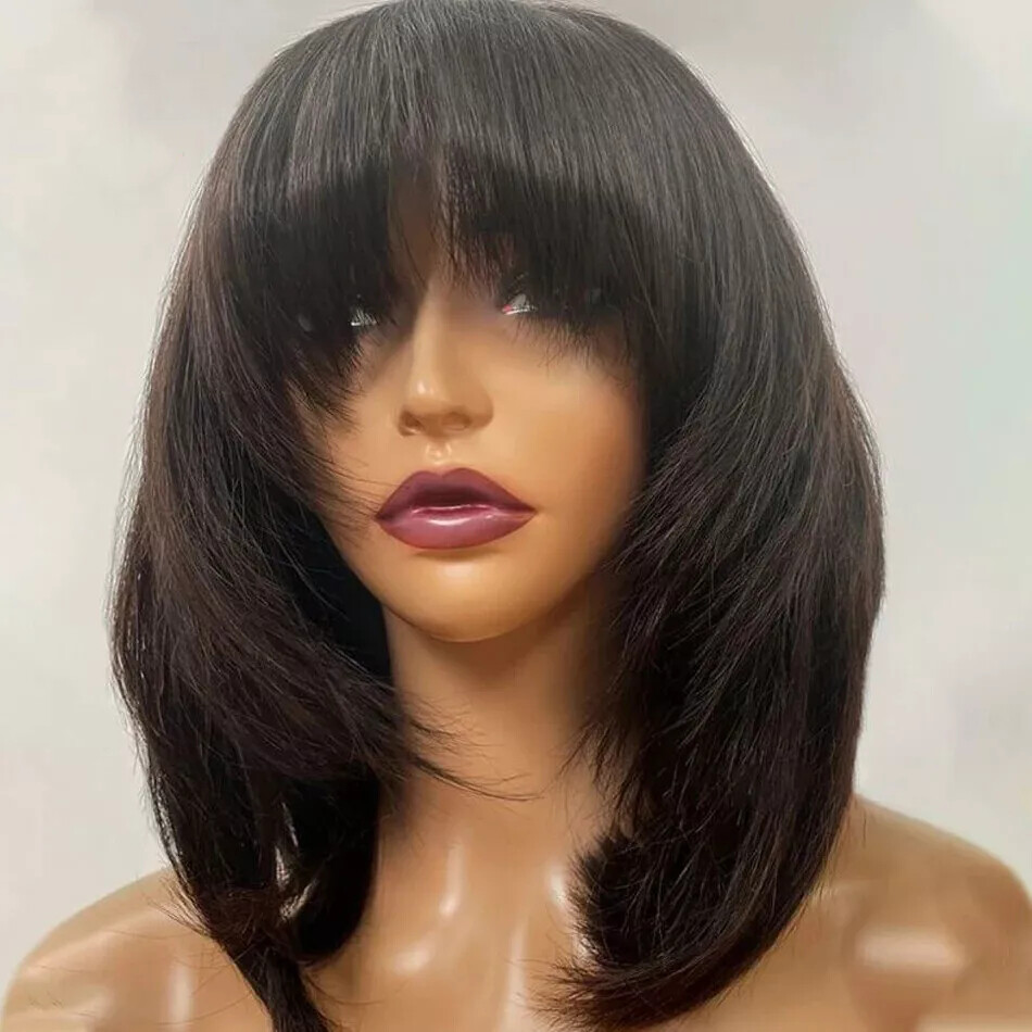 200 Density Short Full Wigs Black Brazilian Remy Layered Bob Human Hair Glueless
