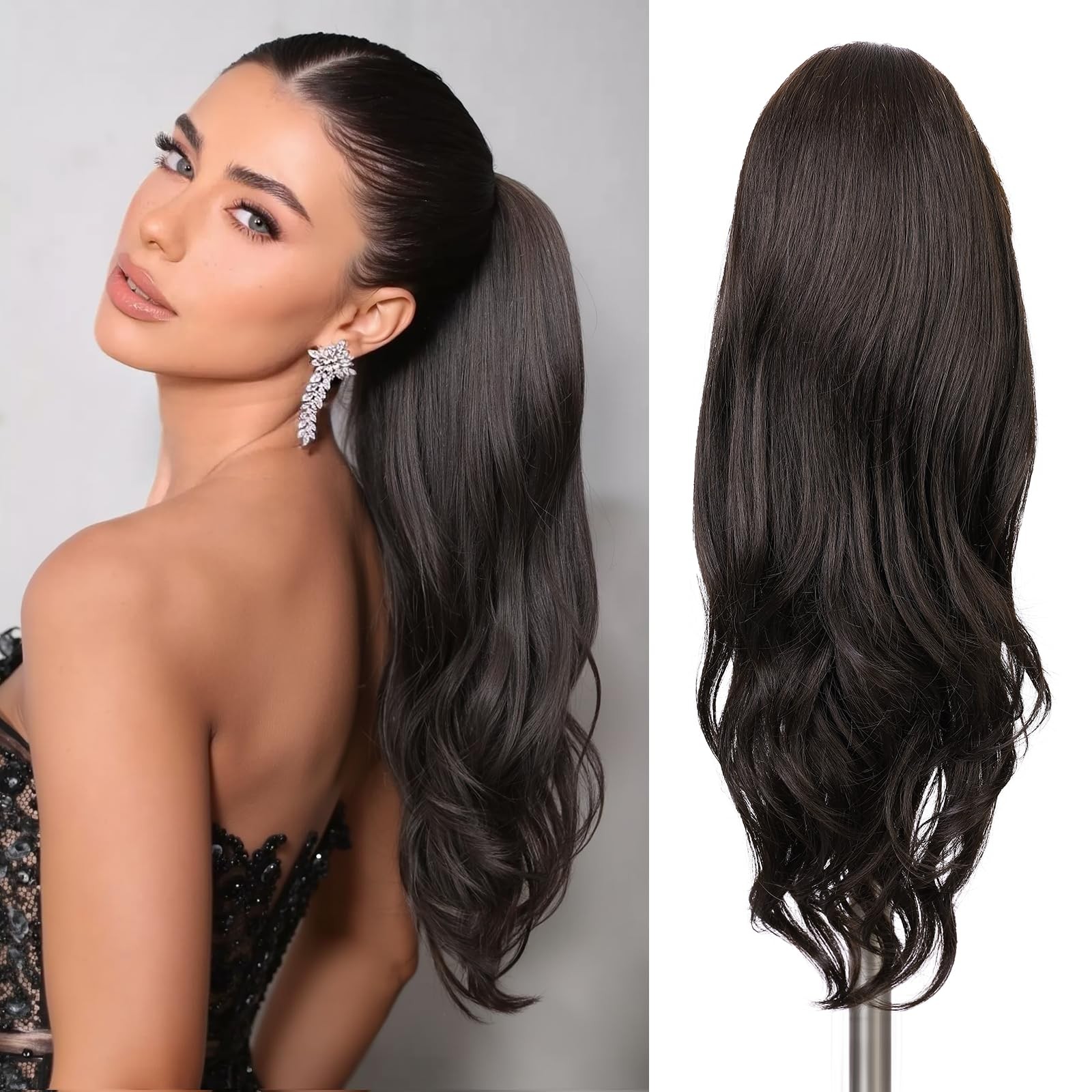 Ponytail Extension 26 Inch Dark Brown Wavy Layered Drawstring – Easy to Install