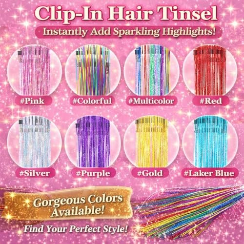 Hair Tinsel 12 Pcs Clip in Hair Tinsel Kit for Girls 22 Pink/Rainbow-12 Pcs
