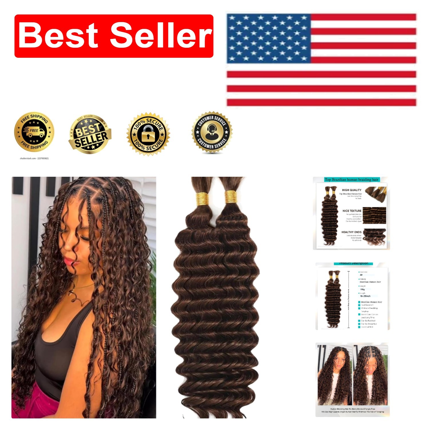 Luxury Boho Deep Wave Braiding Hair – 20 Inch, 110g, 2 Bundles Chocolate Brown