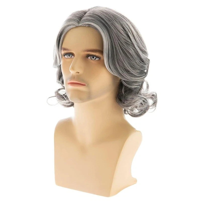 Men’s Curly Wig Male Daily Wear Hair Full Wig Dark Grey Men’s Wigs+Wig Cap