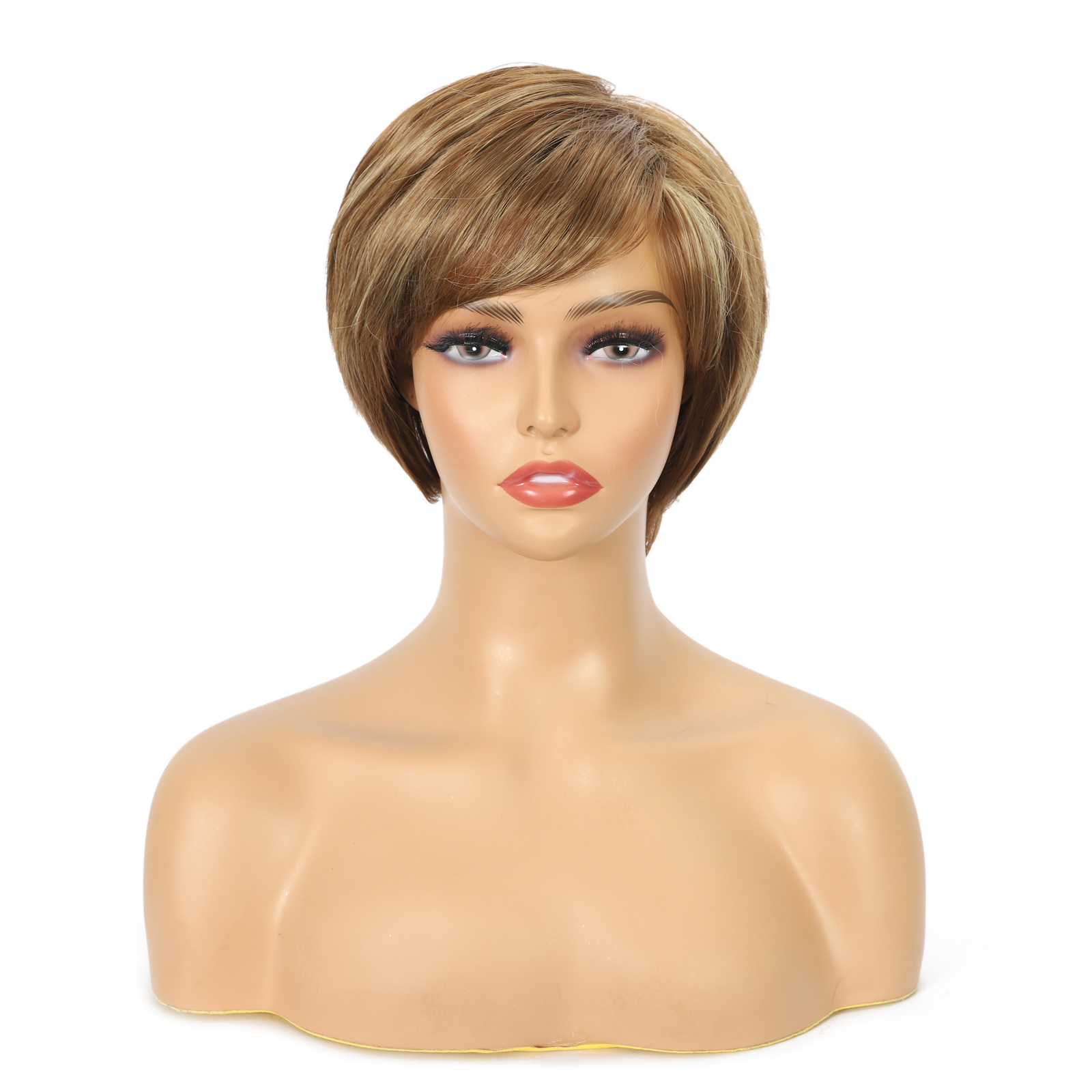 Pixie Cut Layered Short Brown Blond Mix Wigs with Bangs Straight Synthetic Hair