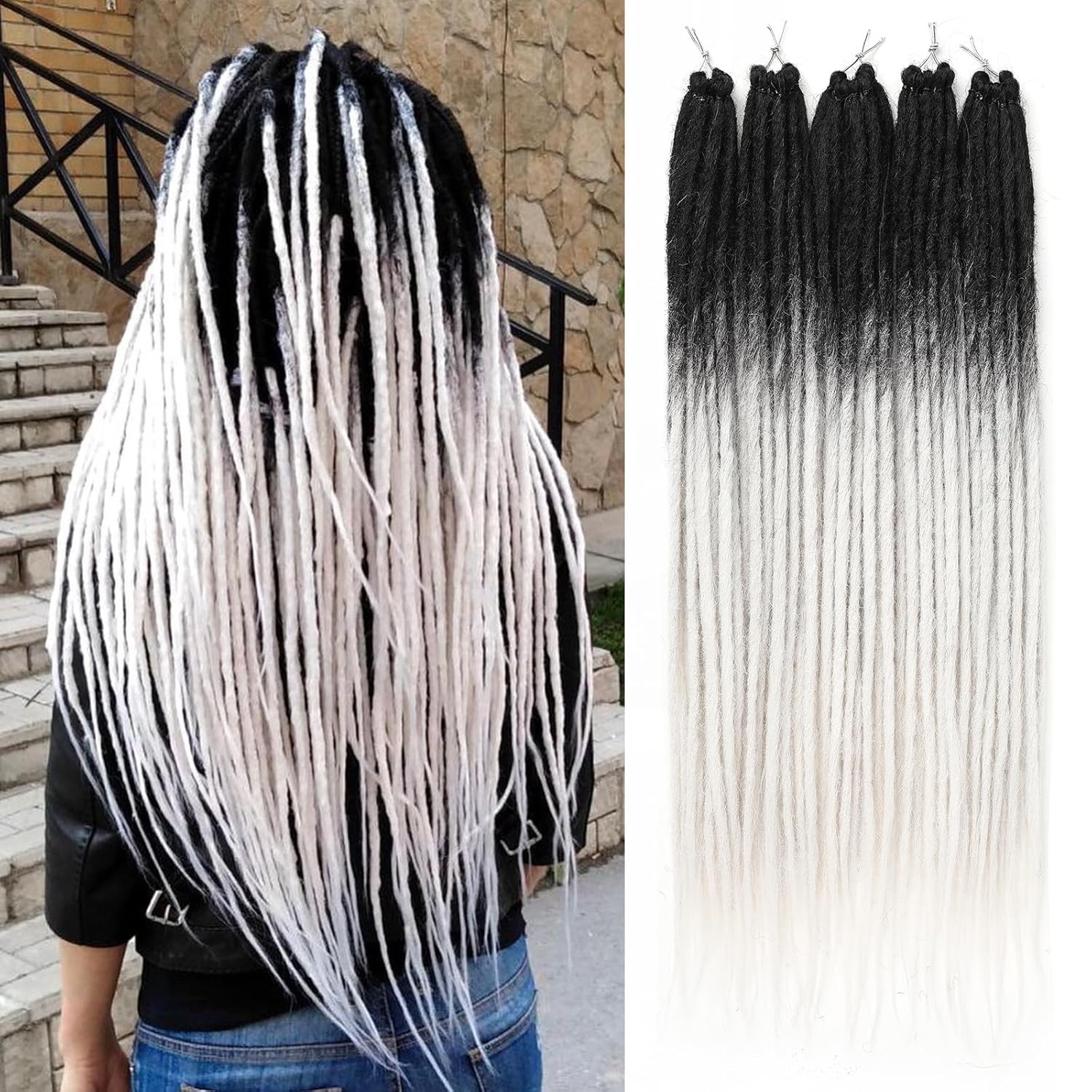 20 Strands Synthetic Dreadlock Extensions 24 Inch Black to White Single Ended…