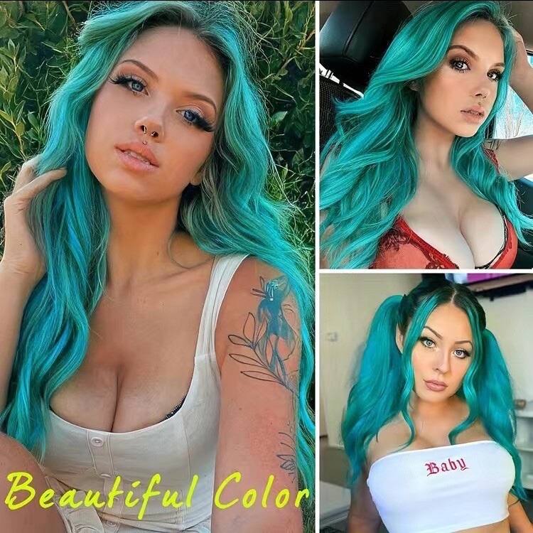 28” Ombré Dark Roots with Teal Wavy Mermaid Wig
