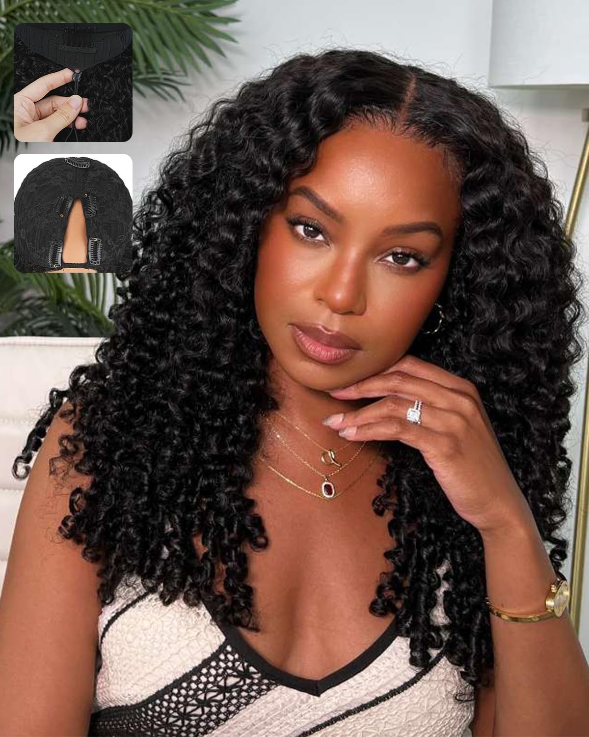 Curly V Part Wig 200% Density Human Hair, Glueless Clip-In Half Wig 16″ for Blac