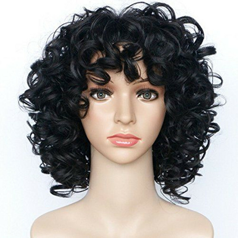 Afro Curly Kinky Wavy Wig with Bangs Black Glueless Afro Natural Wig Heat Safe