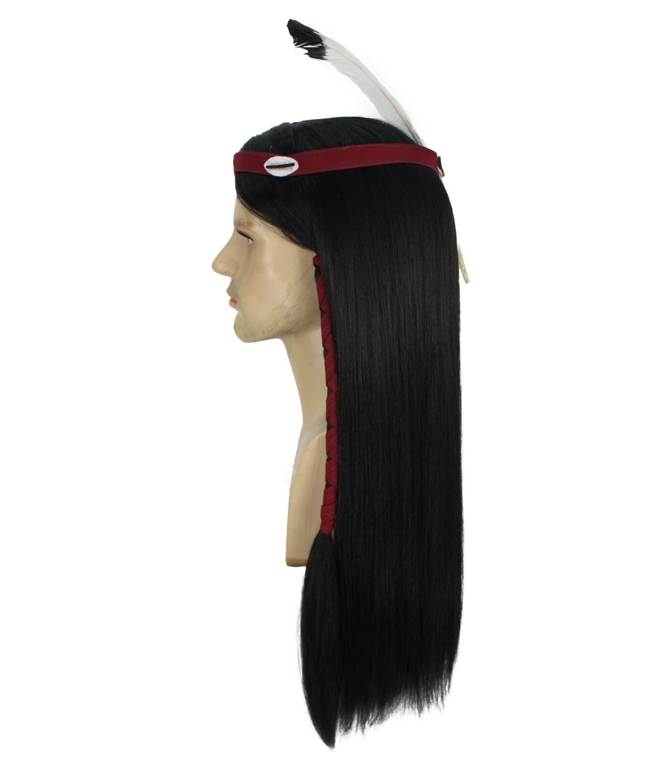 Adult Men’s Long Length Native American Wig, Black Color, Breathable Capless Cap