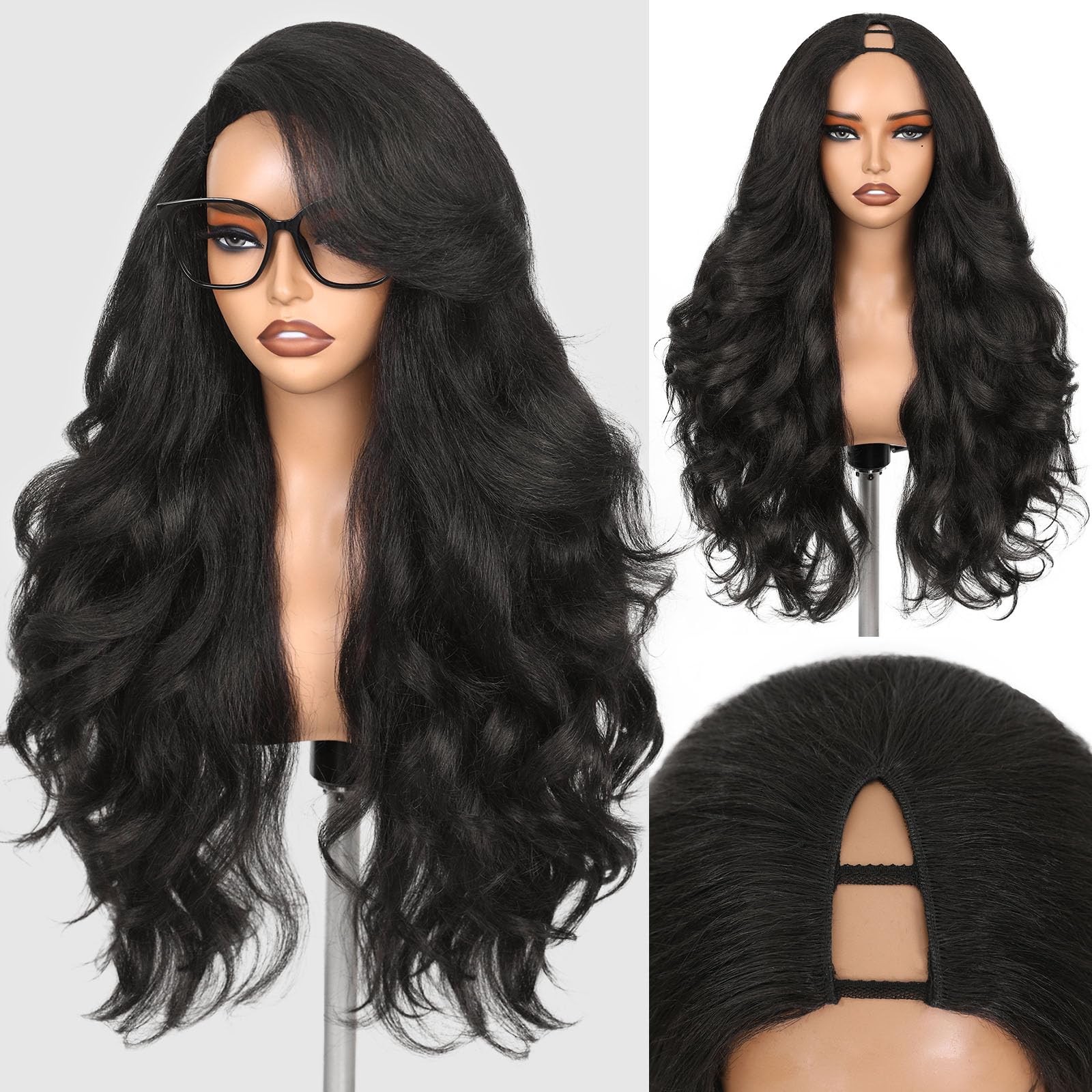 WIGNEE Yaki Curly V Part Wig 26 Inch Synthetic Half 26 Inch, Natural Black