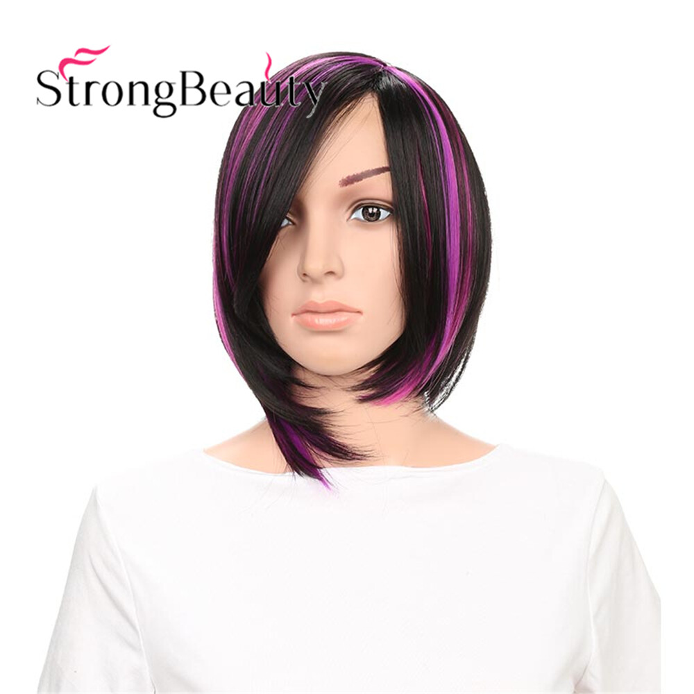 Women’s Short Black Purple Side Bang Straight Highlighted Bob Synthetic Wigs