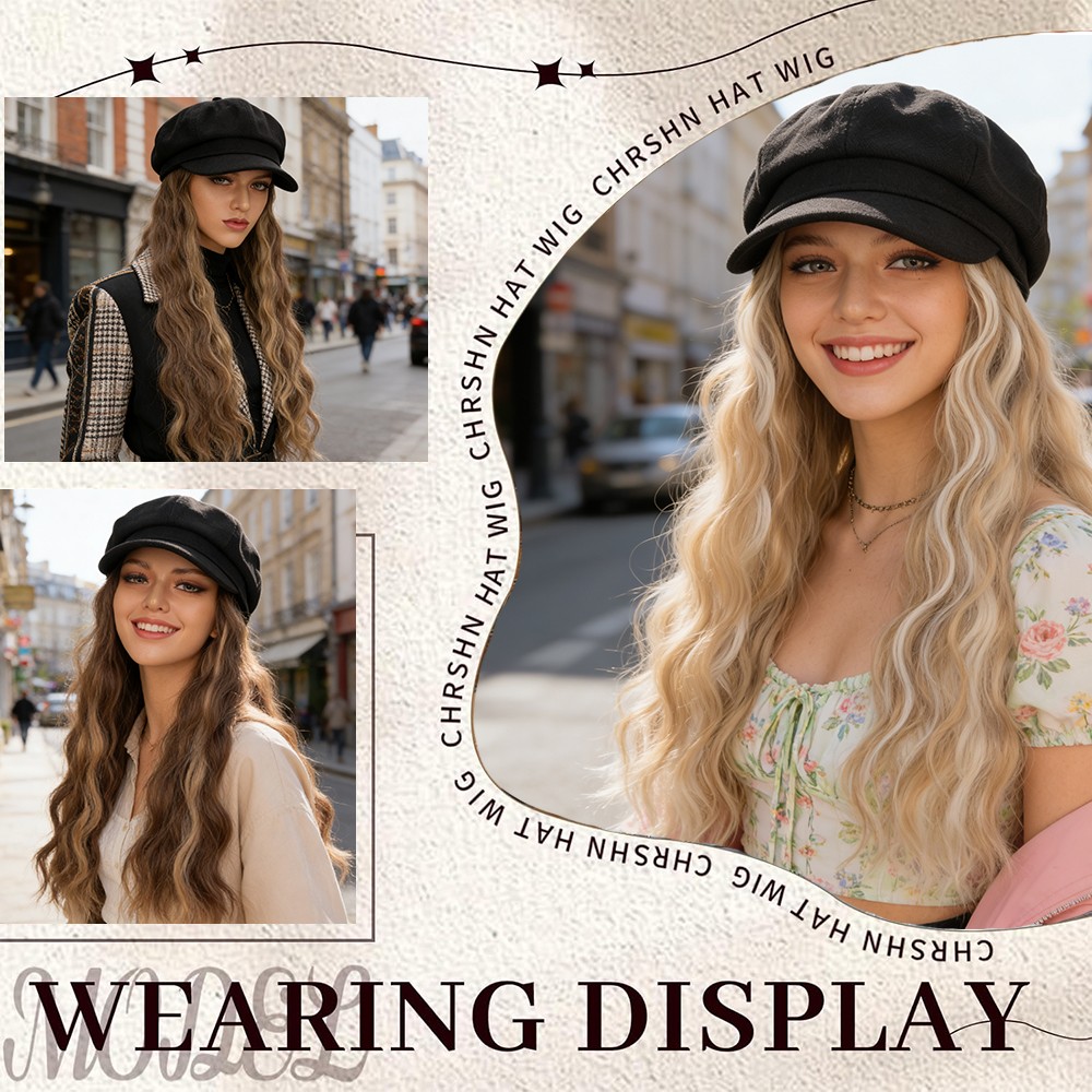 Bucket Hat Wig Black Newsboy Cap With Long Wavy Hairpiece 18″ Natural Hair Women