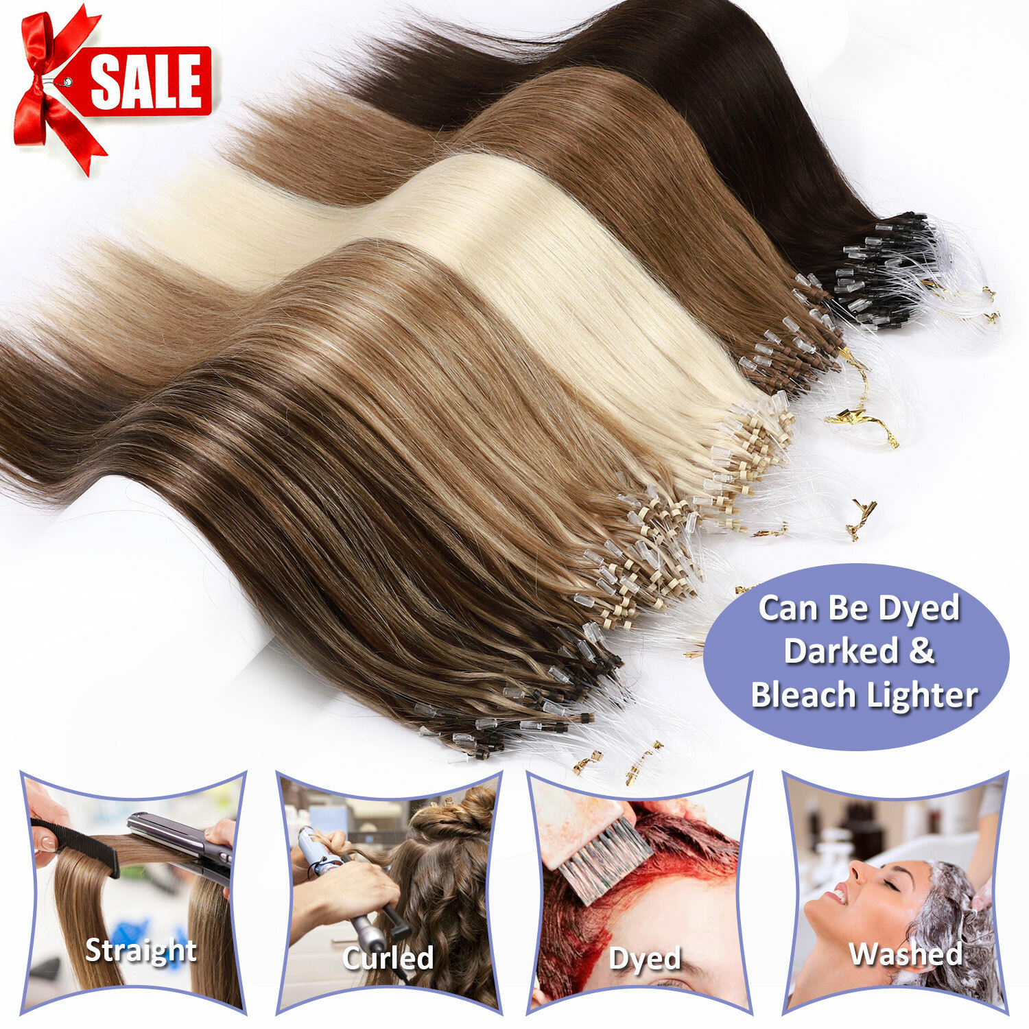 US Micro Ring Loop Tip Remy Human Hair Extensions Silky Straight Micro Bead Link