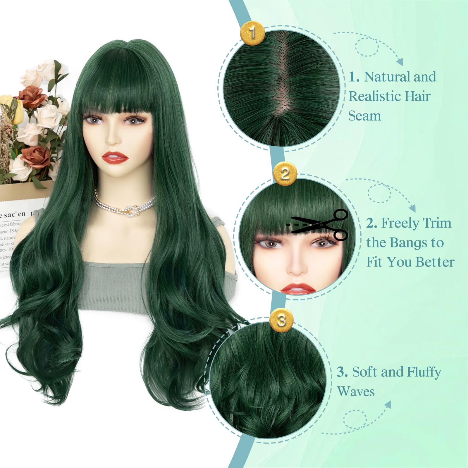 Dark Green Wig With Bangs, 26 Inch Long Natural Looking Hair for Women, Middl…