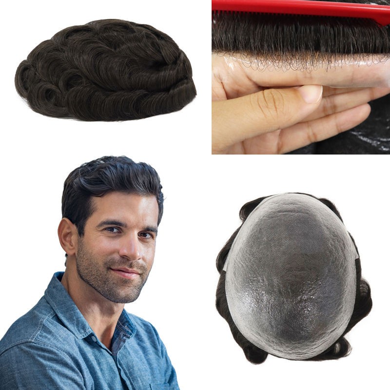Men Toupee Human Hair Replacement System Hairpiece 0.03 Ultra Thin Skin Black NG