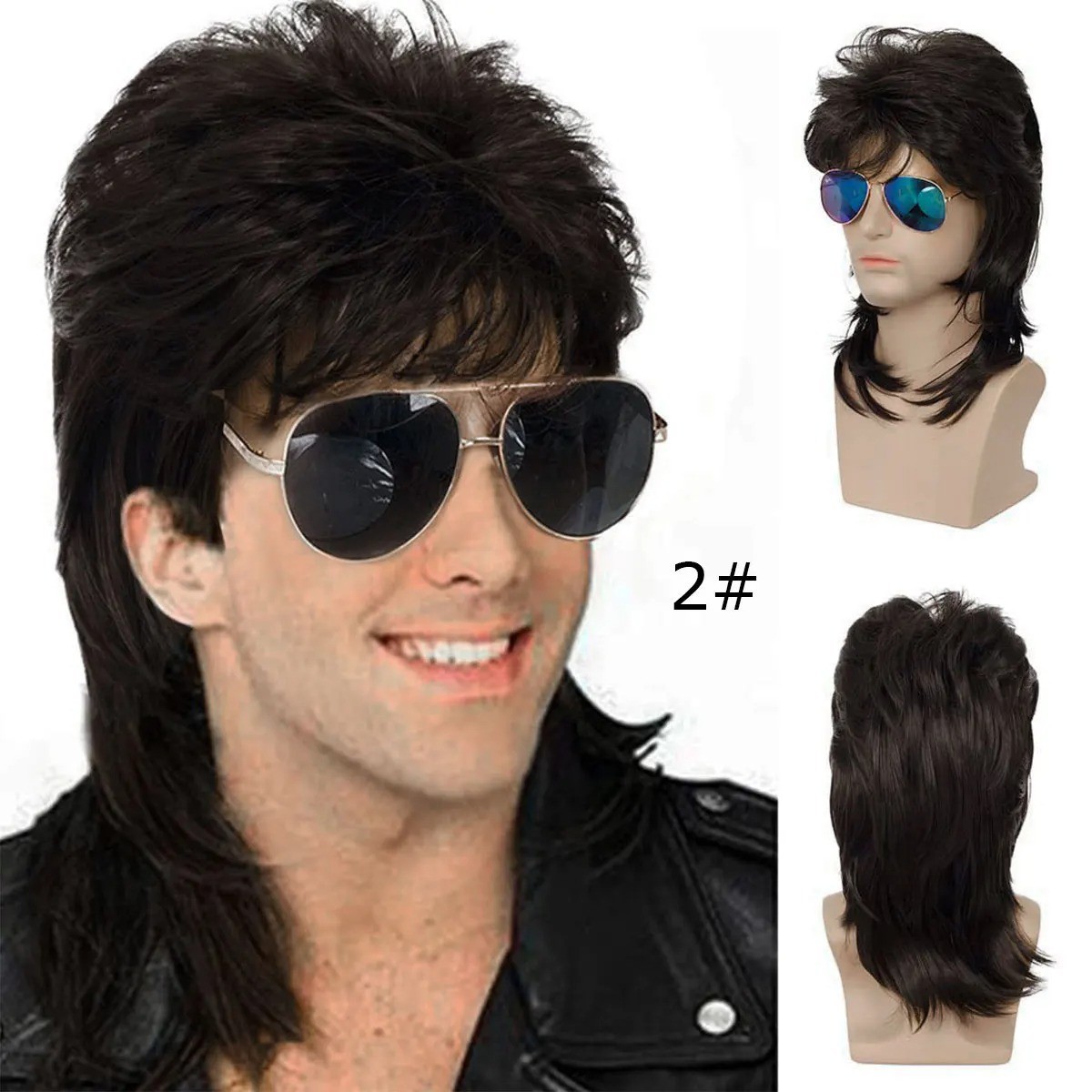 Men’s Black Mullet Wig Synthetic 18″ 70s 80s Costume Cosplay Fancy Dress Party