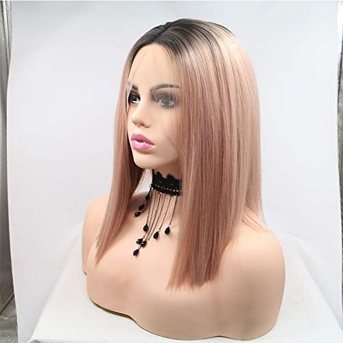 xiweiya Ombre Pink Lace Front Wig Rose Gold Wig Short Straight Peach 13×4 Lac…