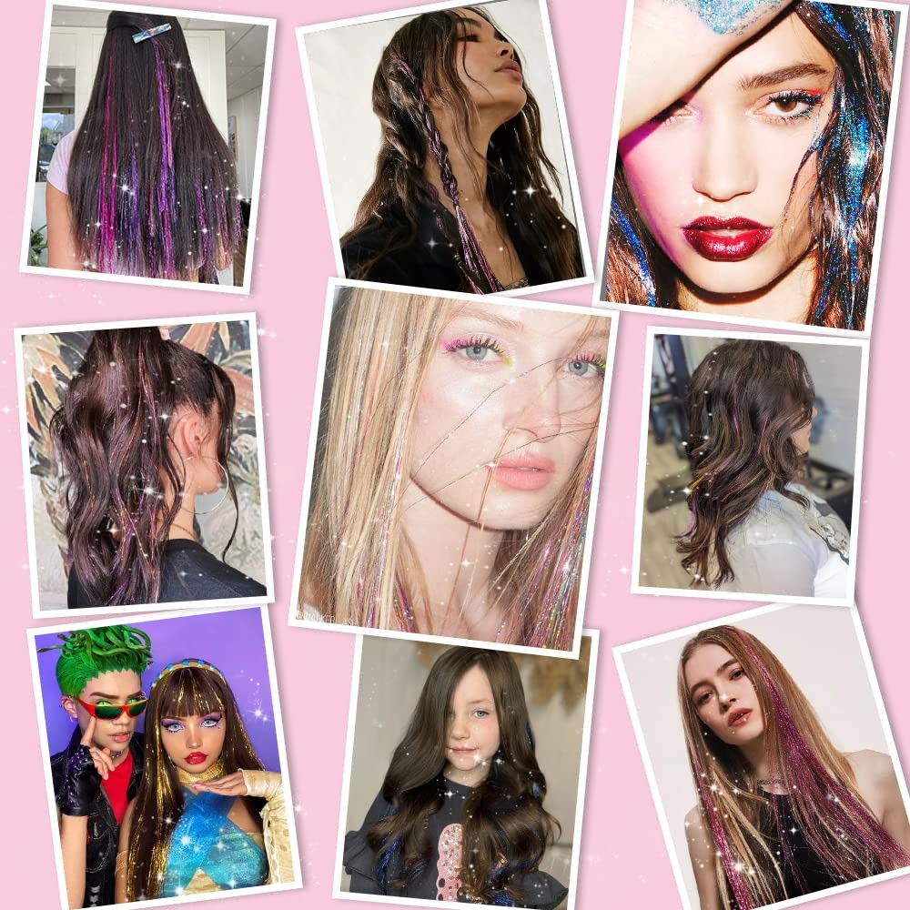 Hair Tinsel Pack of 12 Pcs Colorful Glitter Hair Accessories 20 Inch Clip in …