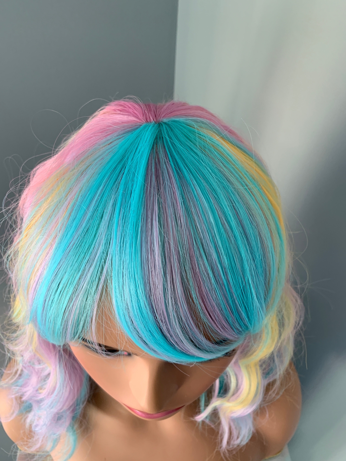 Pastel Rainbow Wig with Bangs Body Wave Multi-color Wig, 14 Inch Costume Cosplay