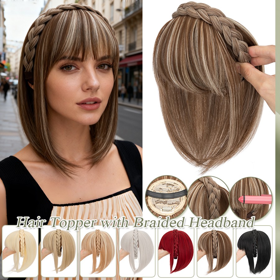 Braided Headband Topper Hairpiece Clip In Fringe Bang Hair Extension with Temple