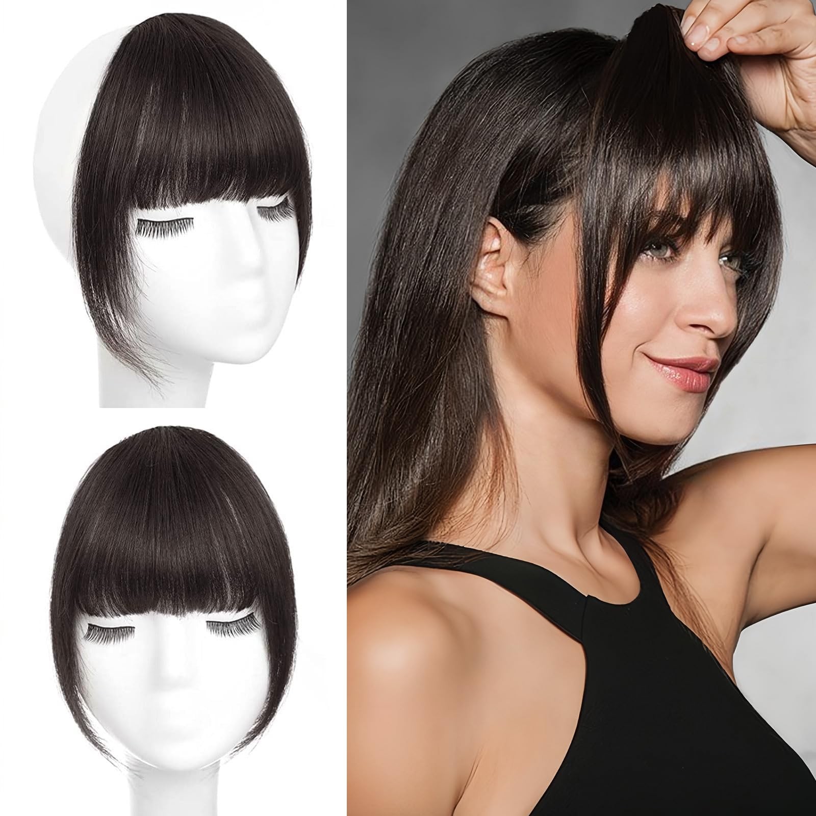 BOGSEA Clip-in Bangs 100% Human Hair with Temples for Women Dark Brown