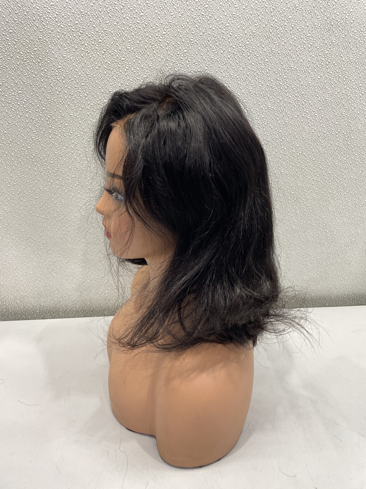 Natural Black Human Hair Blend Lace Front Glueless Short Wig, 14″