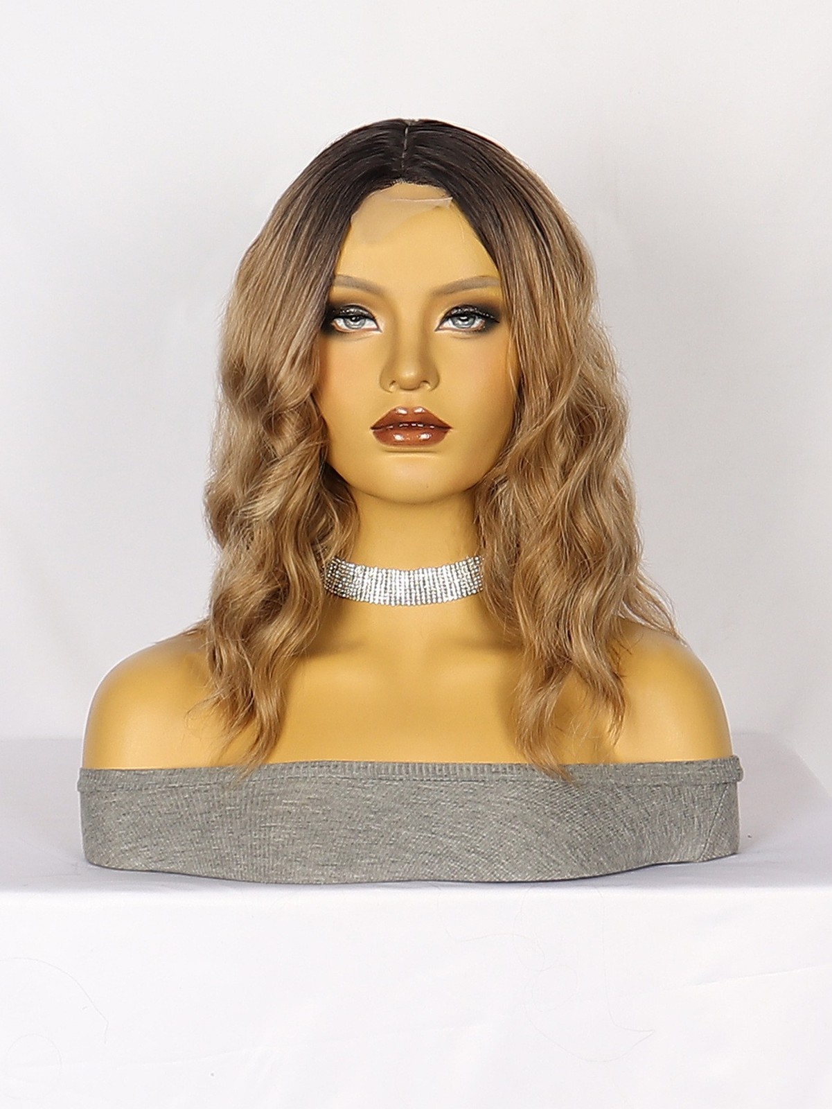 Brown Highlight Short Water Wave Curly Small Lace Synthetic Wig Heat Resistant