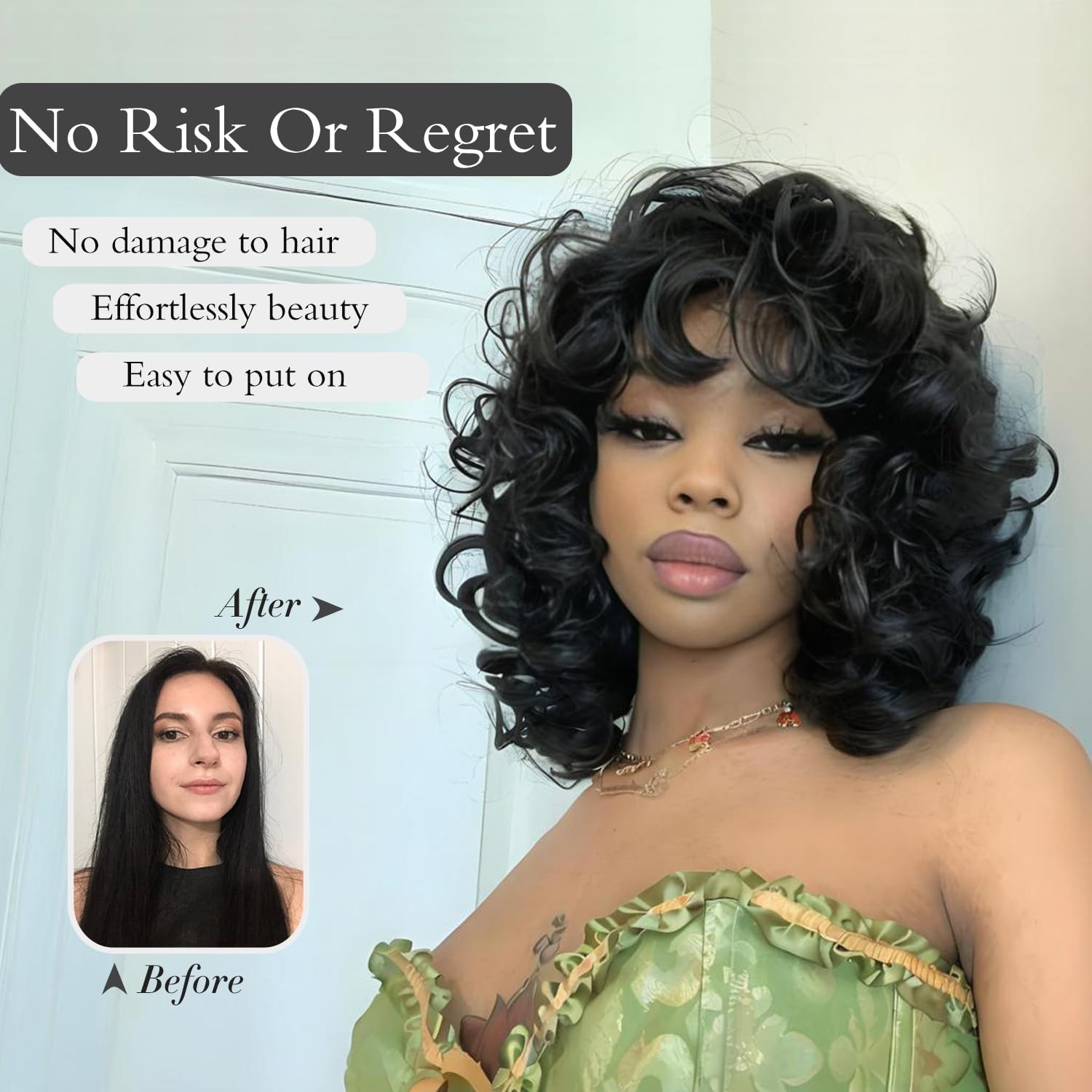Short Curly Wigs for Black Women Soft Black Big Curly Wig with Bangs Afro Kin…