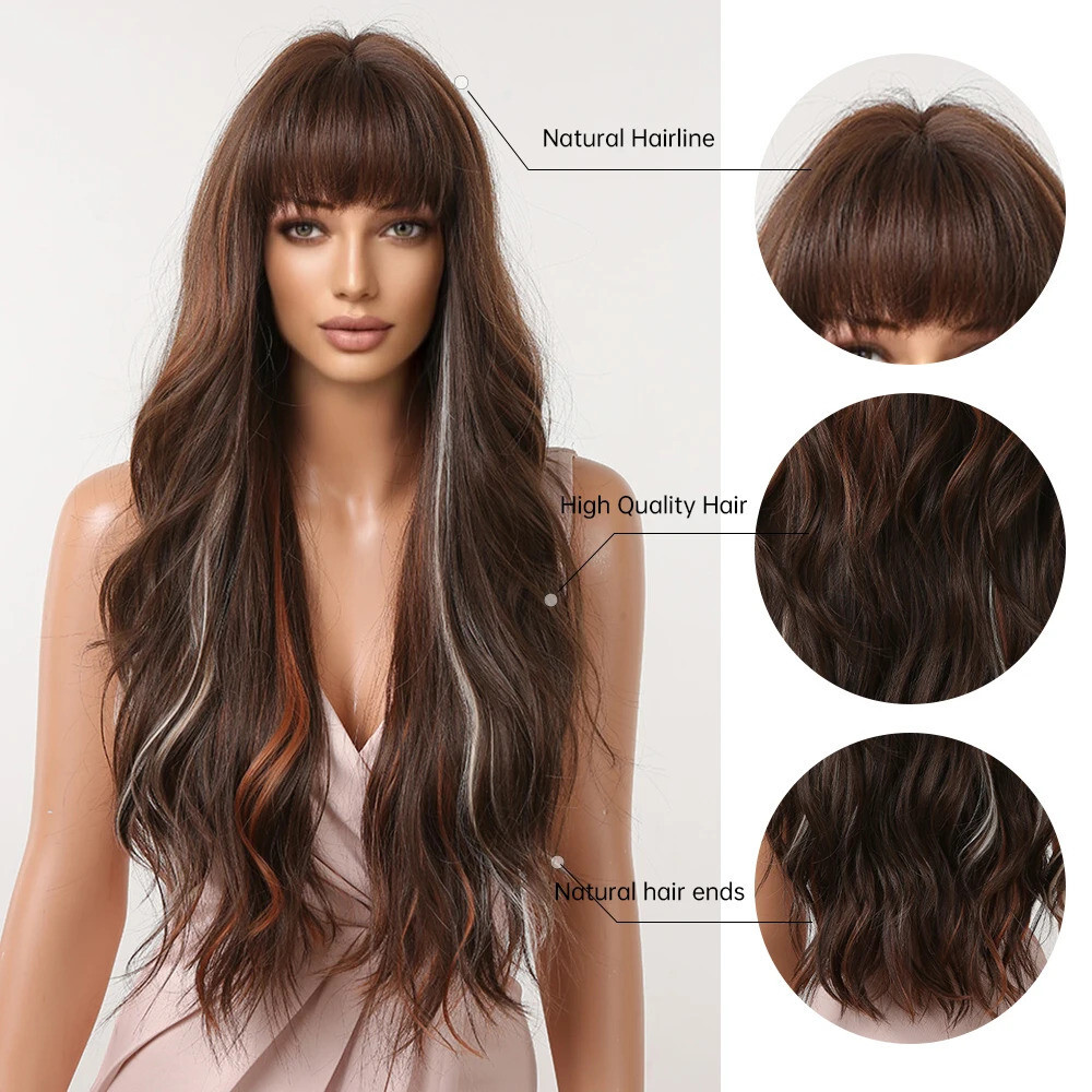 Brown Mixed Red Wig Long Wavy Wigs with Bangs Blonde Cosplay Wig Natural Hair