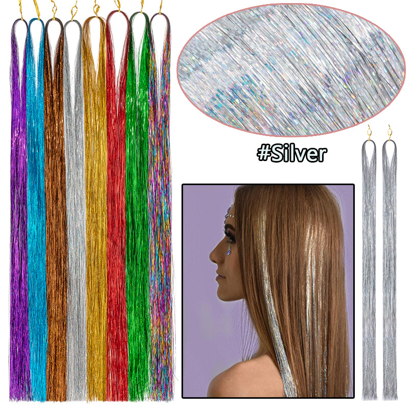 2400*Strands Holographic Sparkle Hair Tinsel Extensions Dazzles 47″Flowy Glitter