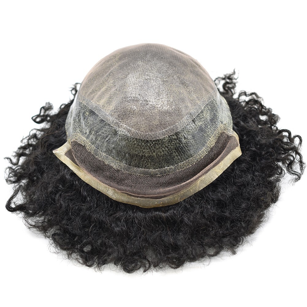 Mens Toupee Lace Front Afro Curl Black Human Hairpiece African American Wig PU-B