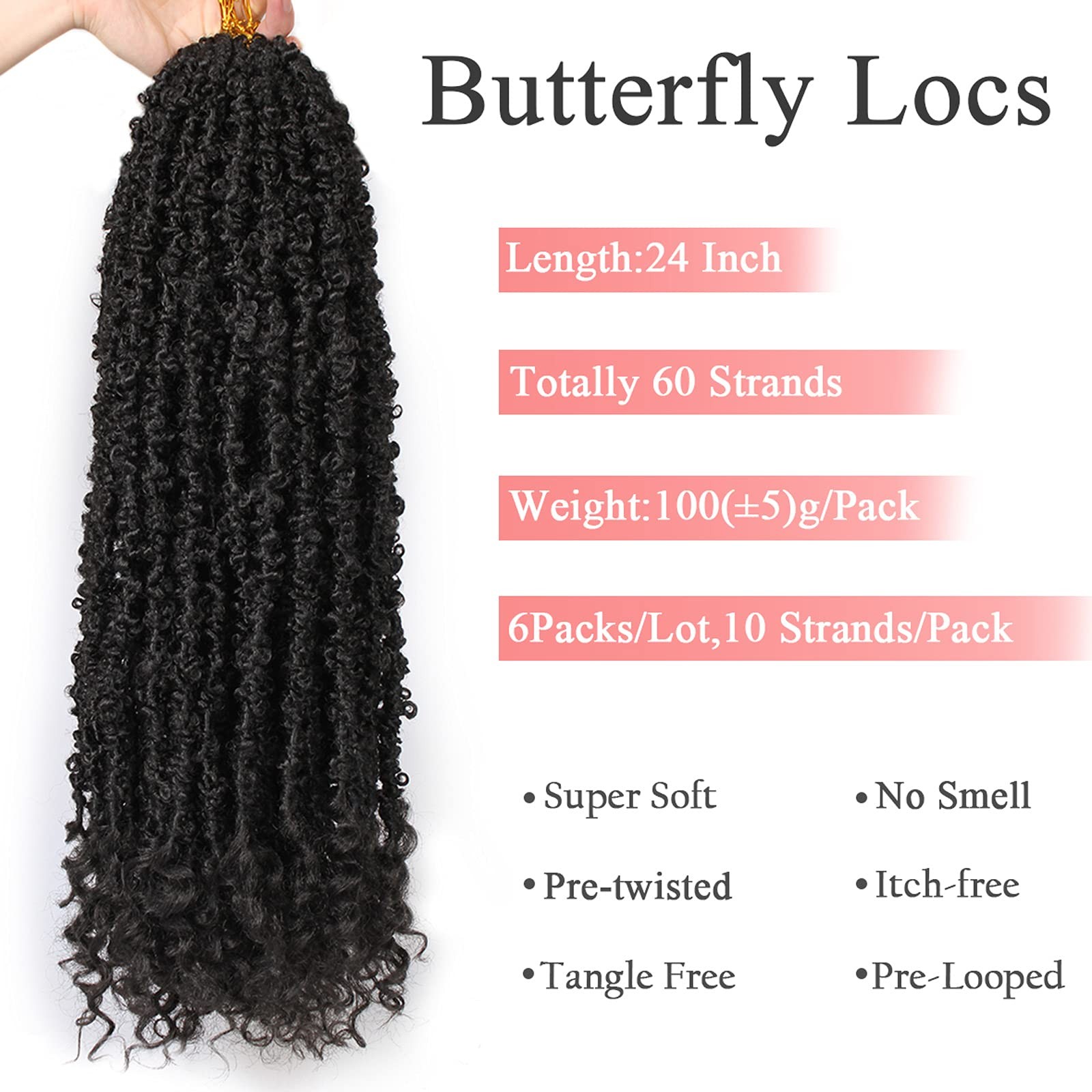 Leeven 24″ Pre-twisted Butterfly Locs Crochet Hair 6 Packs Natural Black