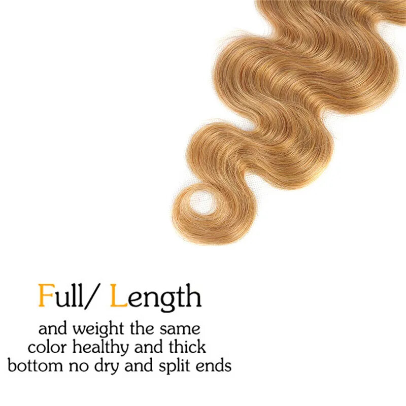 12A BRAZILIAN HUMAN HAIR WEFT 3/4BUNDLES+LACE CLOSURE HONEY BLONDE 27# BODY WAVE