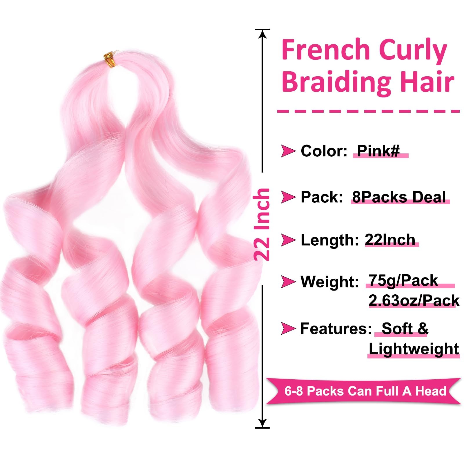 Union Beauty Pink French Curl Braiding Hair 22 Inch Curly 8 Packs Pre Stretched