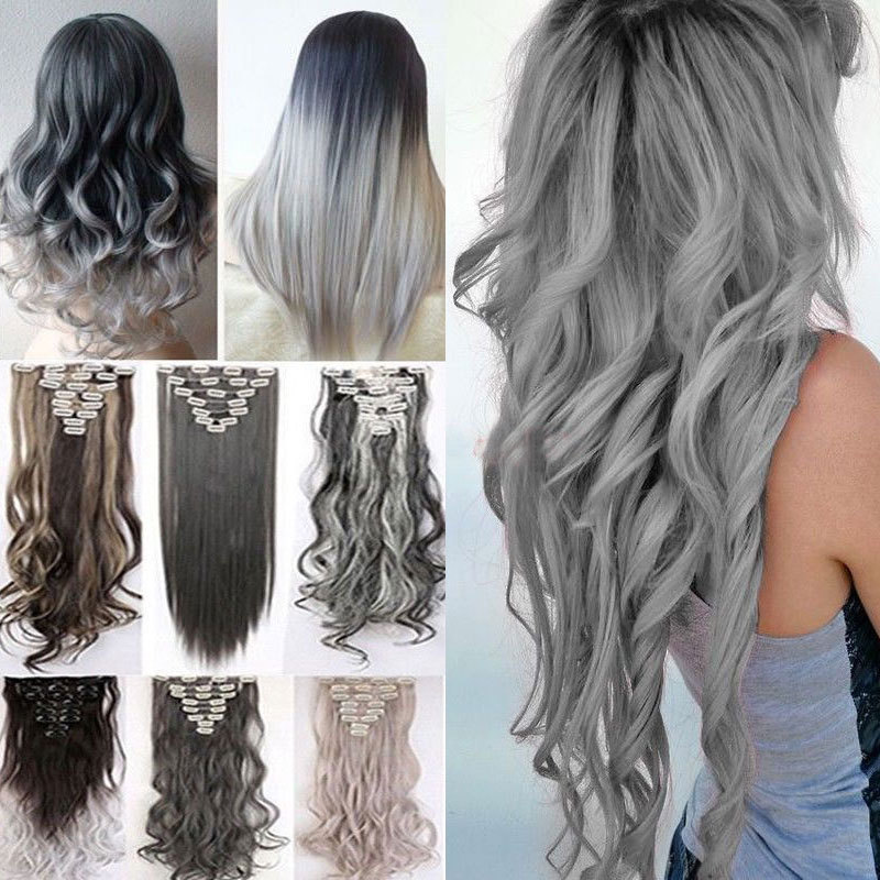 US Lady Ombre Natural as human Hair 8 Pcs Wavy Full Head Clip In Hair Extensions