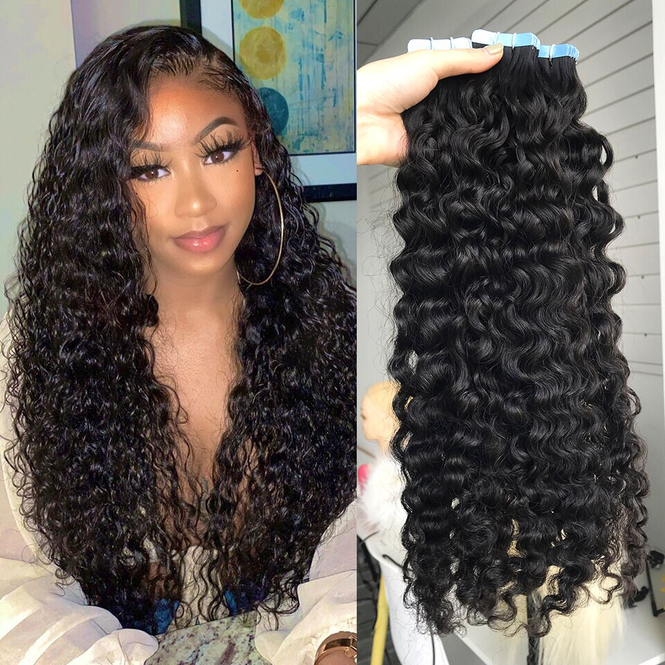 Full head 24″ Curly PU Injected Invisible Tape in Natural Remy Human Hair 100g